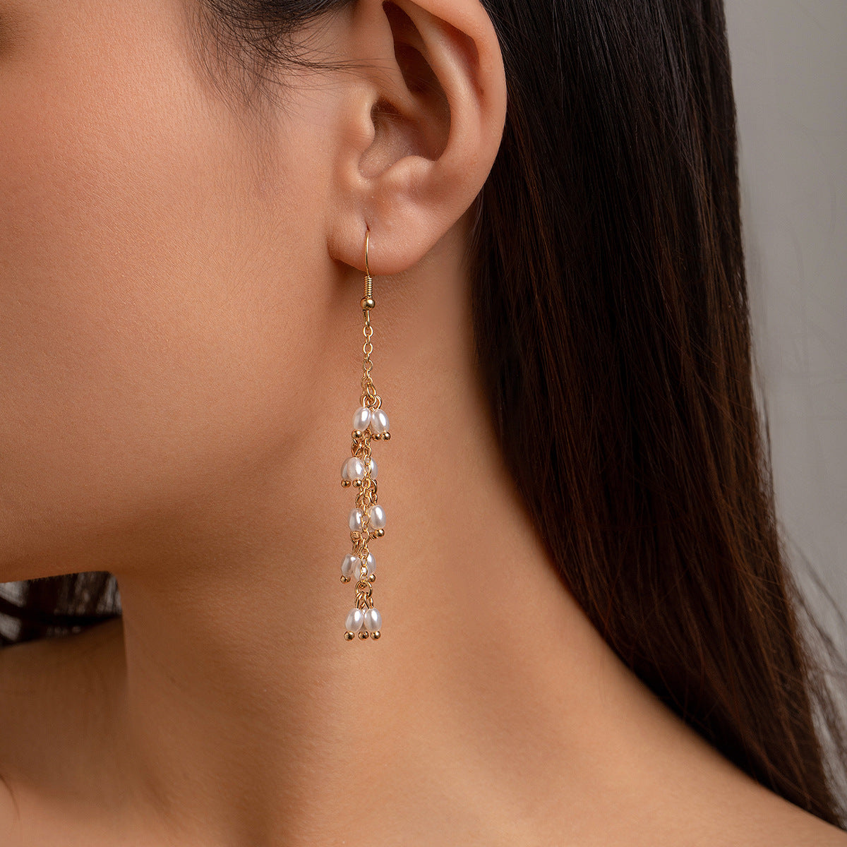 Pearl double necklace fringed stud earrings