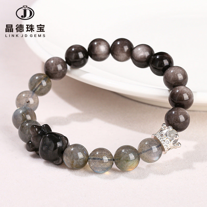 7A natural gray moonstone silver obsidian bear bracelet.