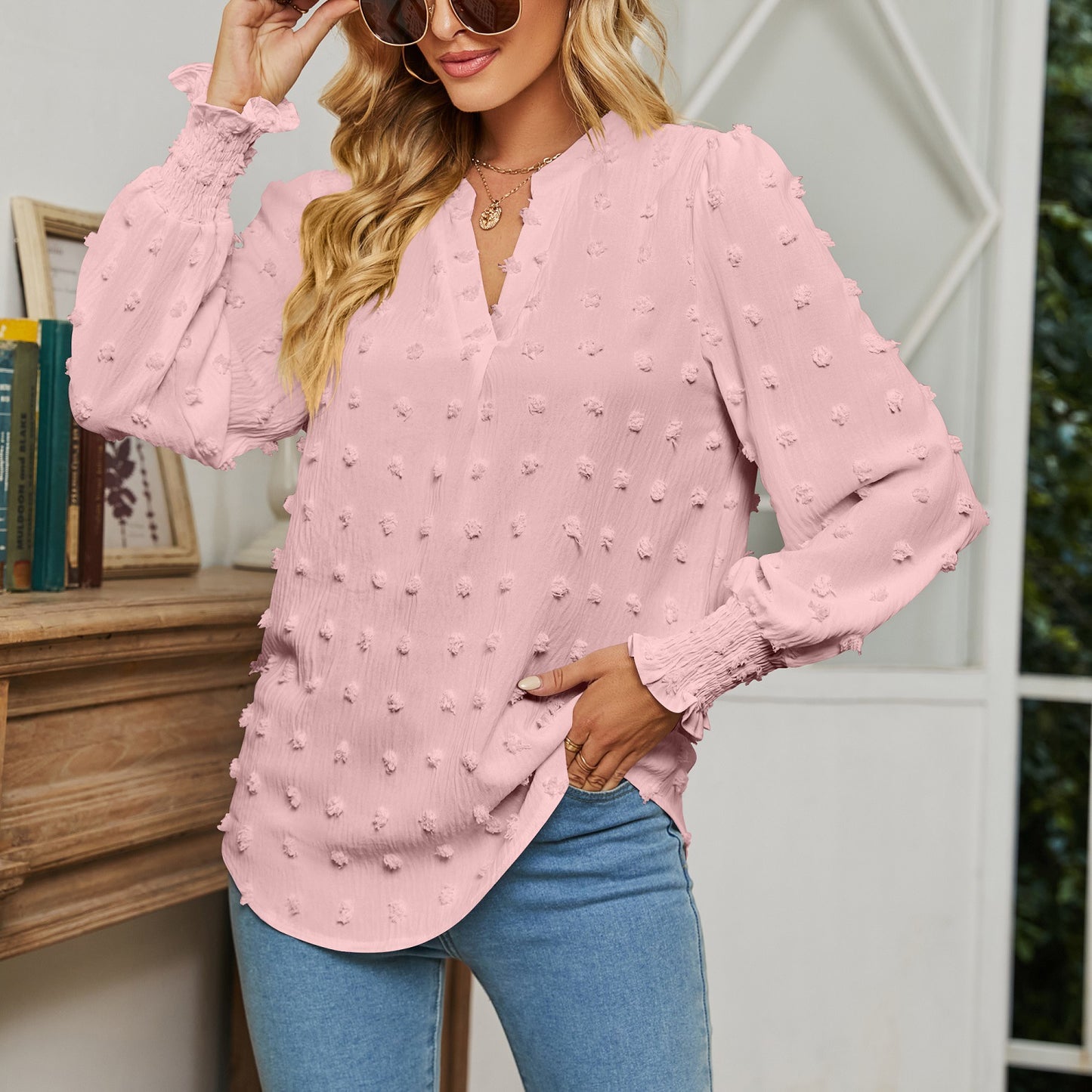 Polka Dot Long Sleeve Bubble Sleeve V-Neck Shirt