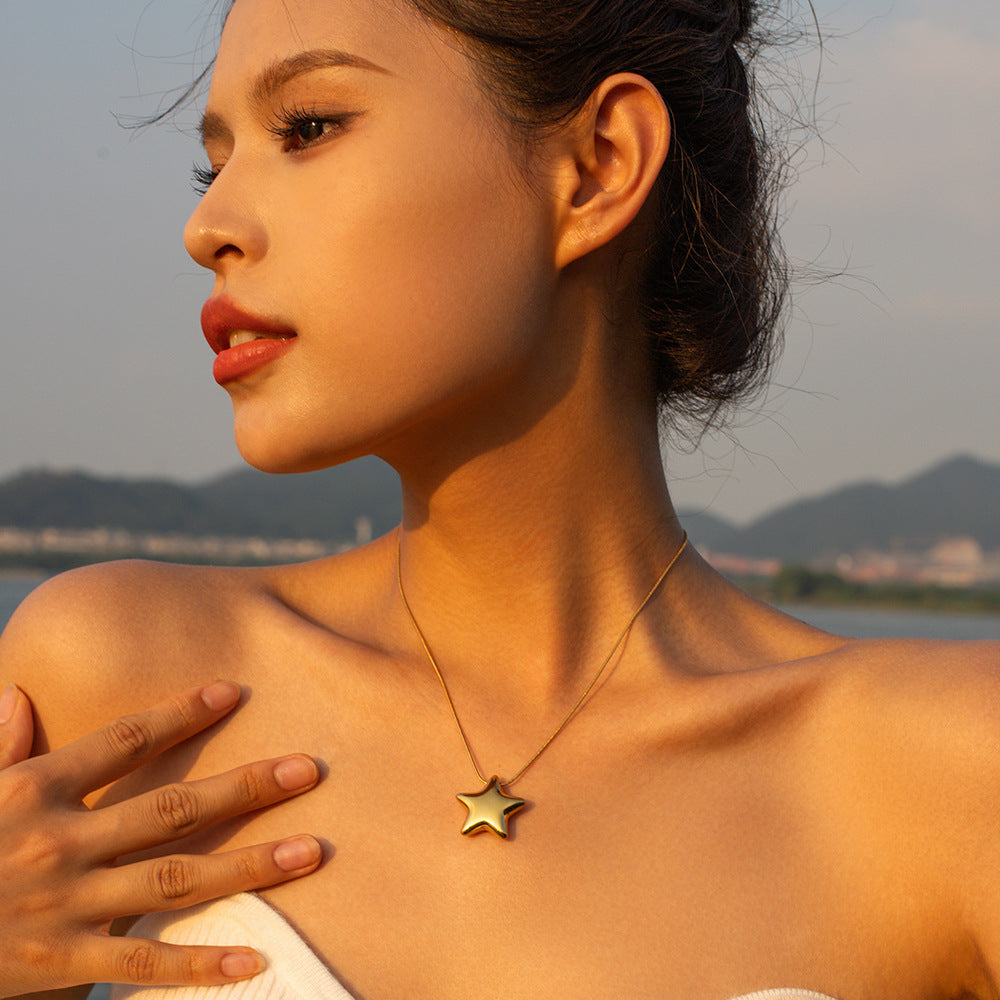 Collar Con Aretes Con Anillo De Estrella De Cinco Puntas Convexo Pulido