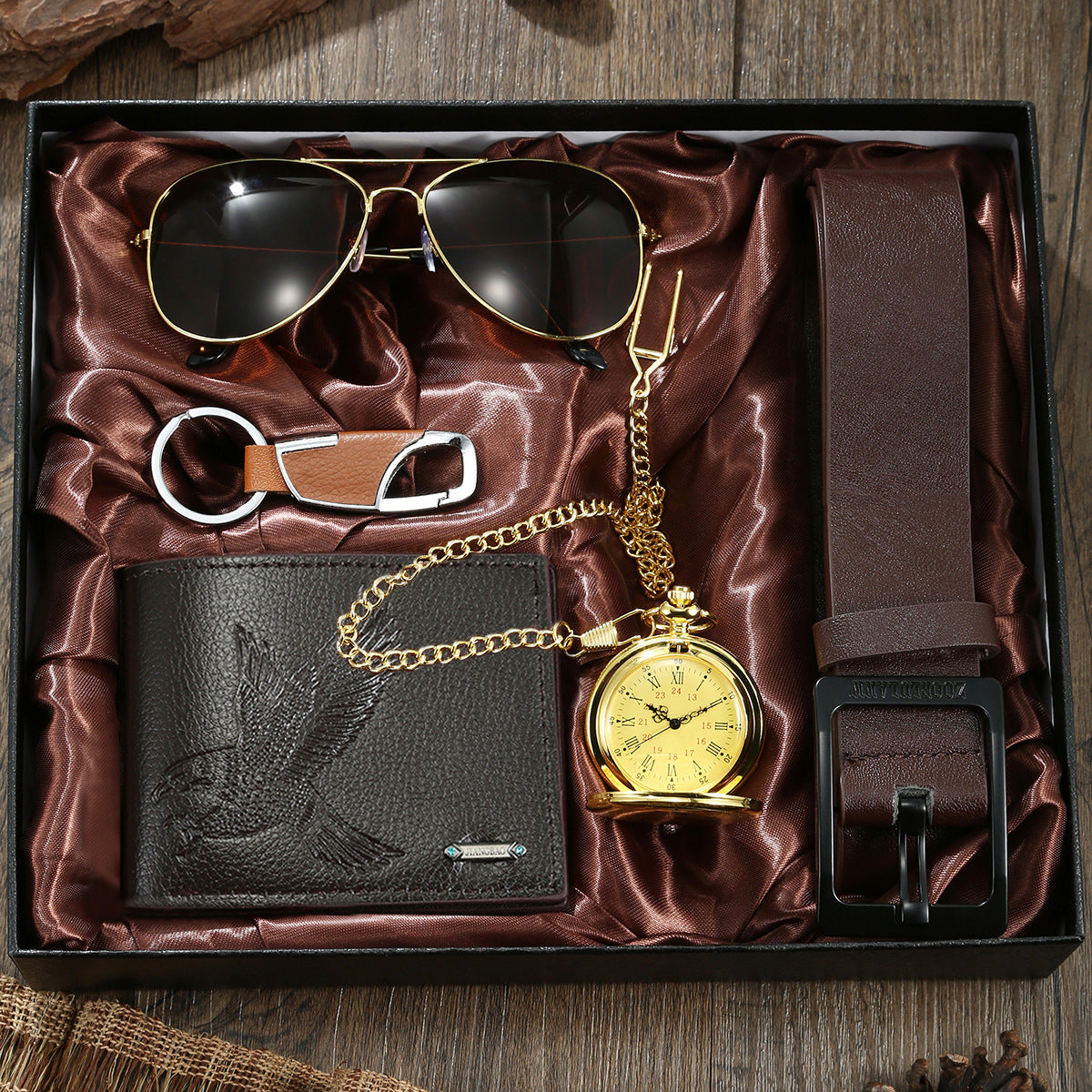 Pocket Watch Eagle Wallet Round Gold 5-piece Set