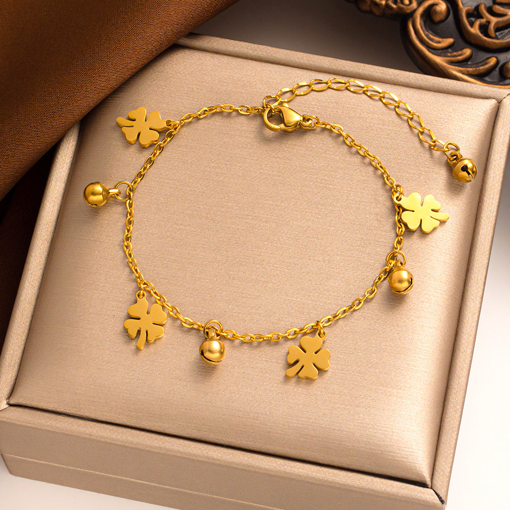 Pulseira trevo de quatro folhas em aço titânio - moda coreana