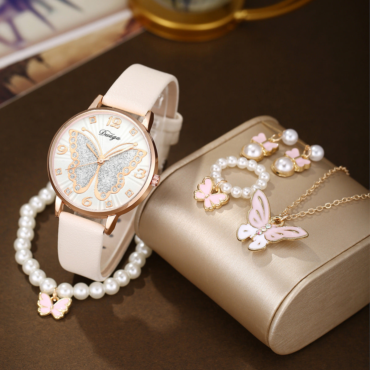 Rose Gold Diamond Butterfly Watch Pearl Jewelry Set