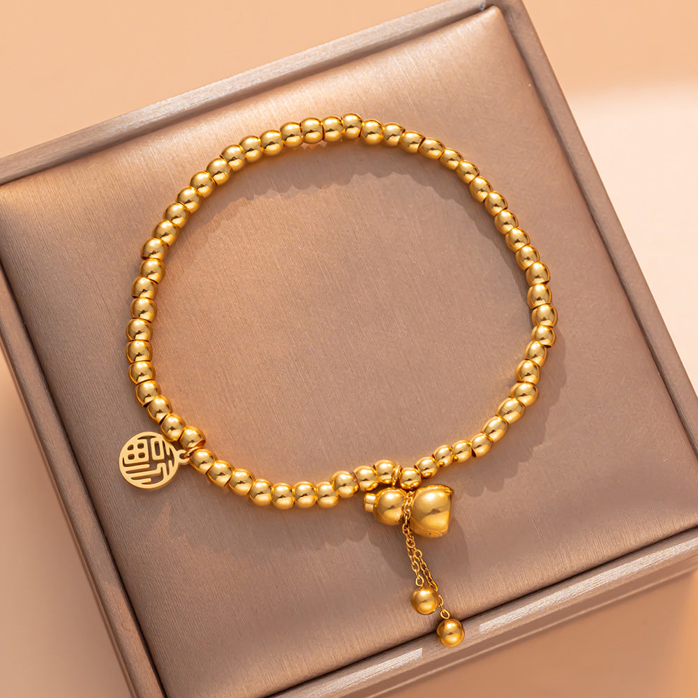 Pulseira de cabaça de aço de titânio para mulheres – conta elástica de ouro, amuleto da sorte, estilo coreano moderno