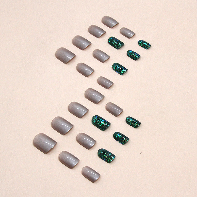 Uñas postizas cuadradas cortas con purpurina Aurora en color verde oscuro