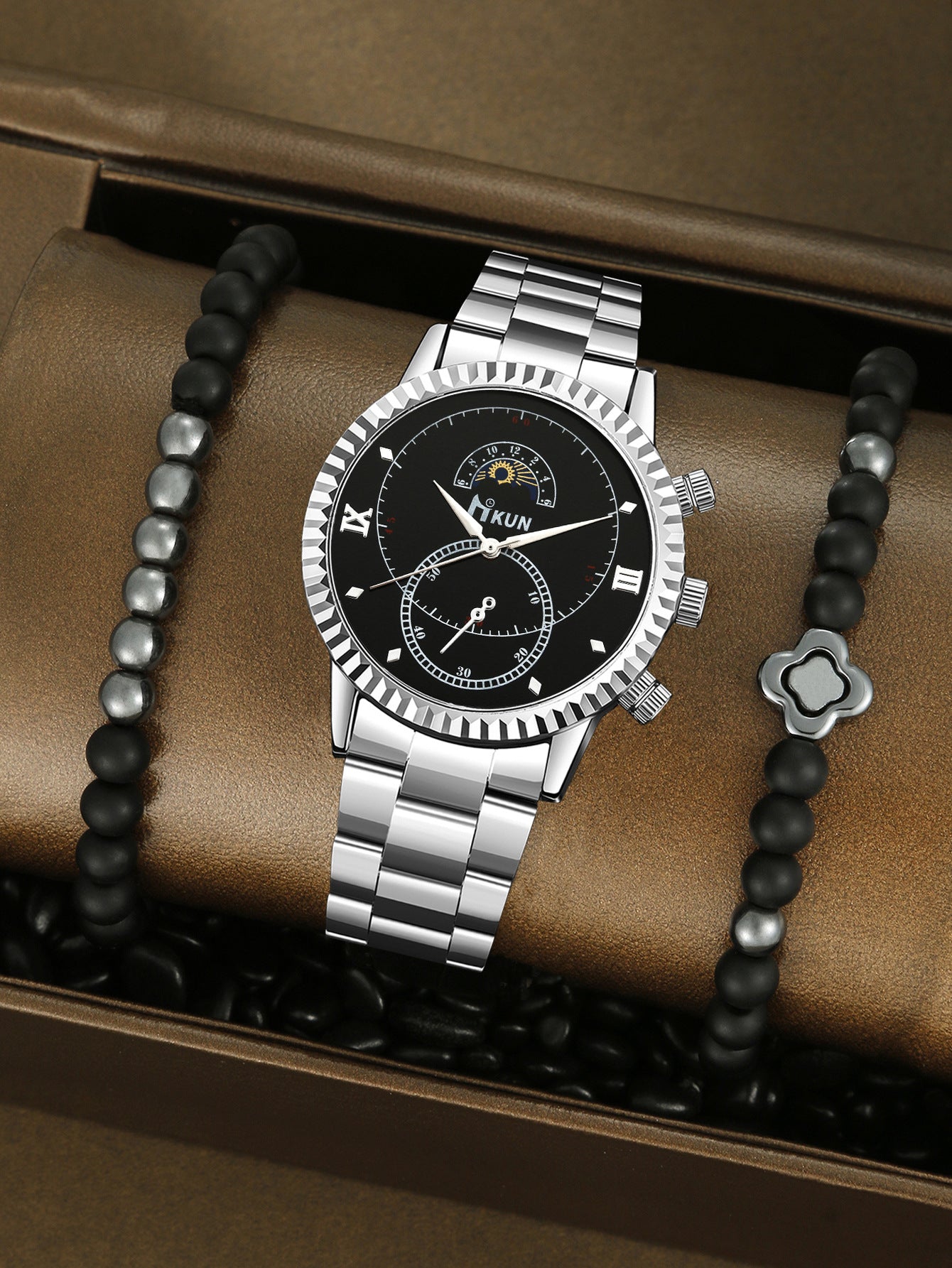 Quartz watch, sun, moon and stars beaded set