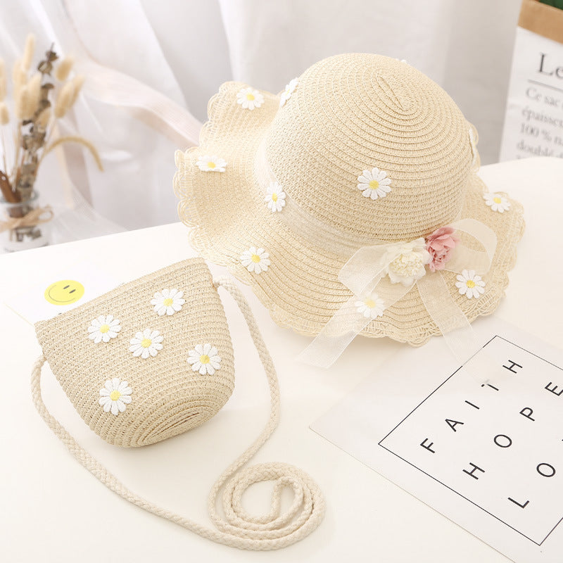 Conjunto de sombrero para el sol para niñas, nuevo bolso de paja de verano, princesa UV para bebés