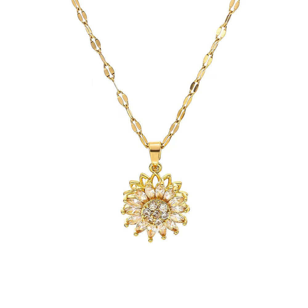 Conjunto de collar y anillo giratorios de girasol, doble capa de moda