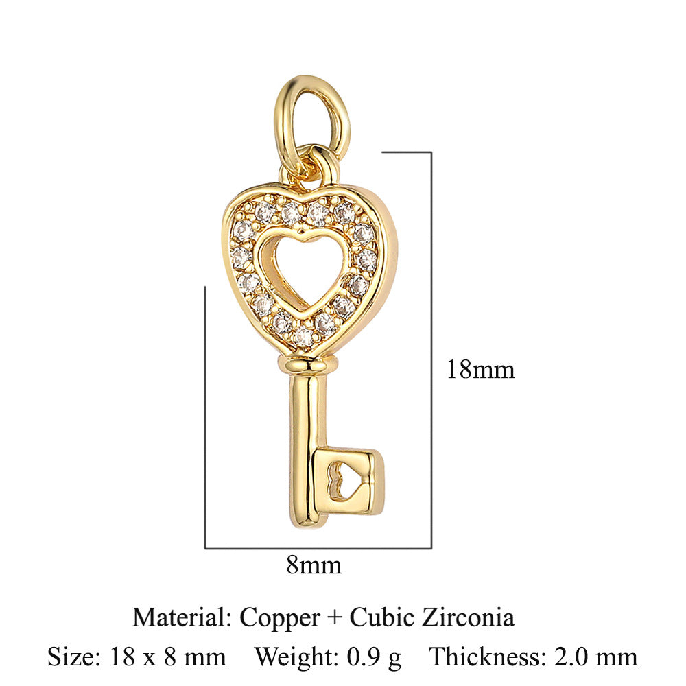 Colgante de cobre y circonita con forma de llave y candado en forma de corazón de melocotón