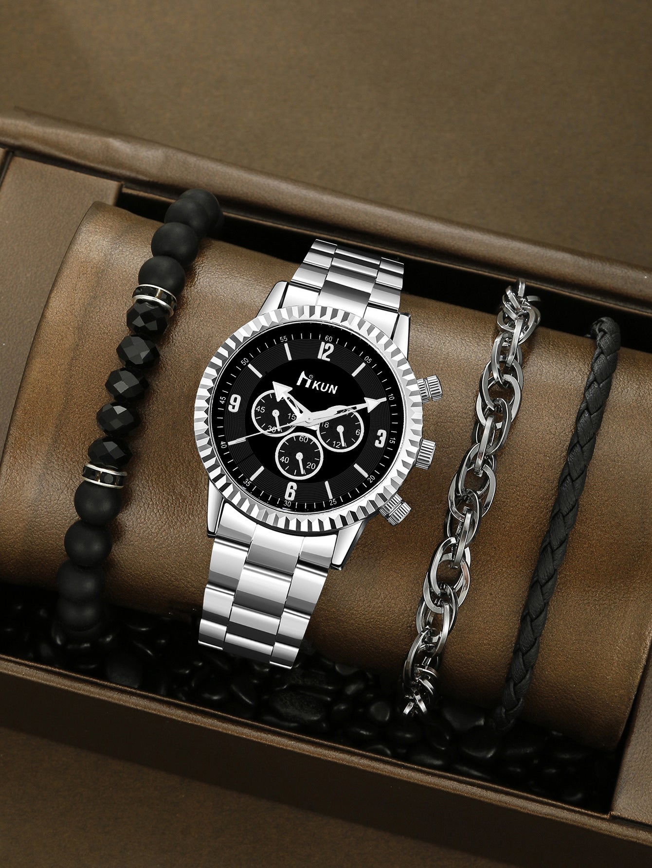 Personalized steel belt watch beaded bracelet set