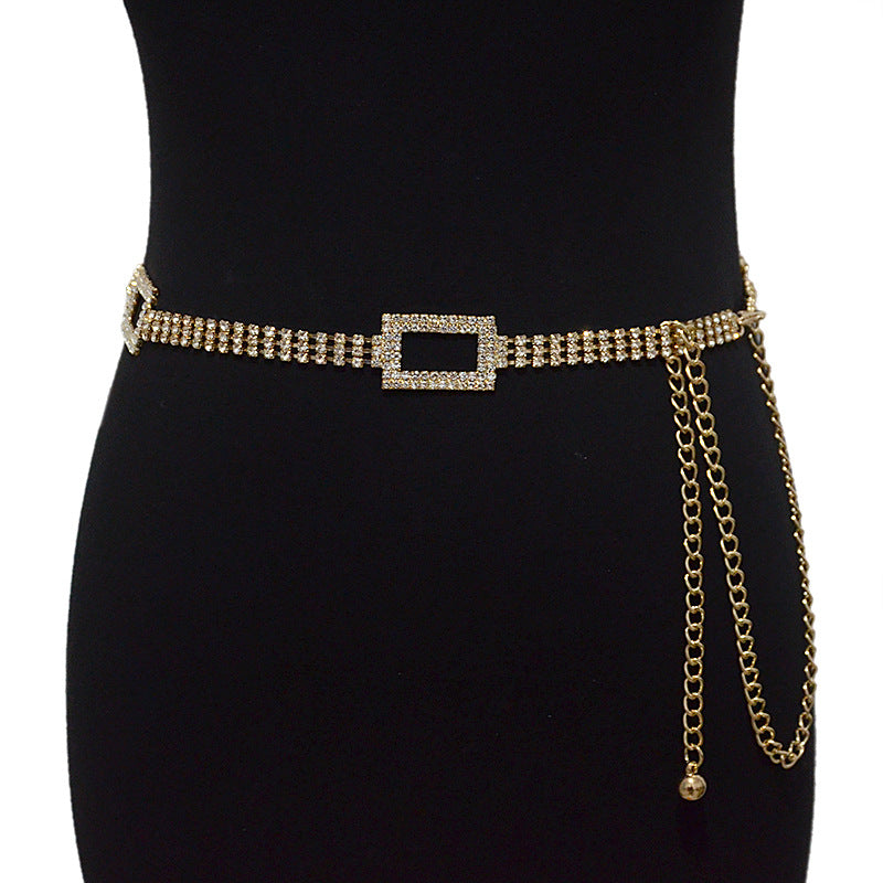 Rhinestone inlaid rectangular buckle waist chain