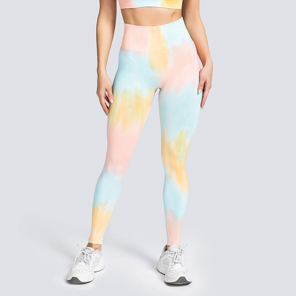 Conjunto de yoga de cintura alta con efecto tie-dye sin costuras