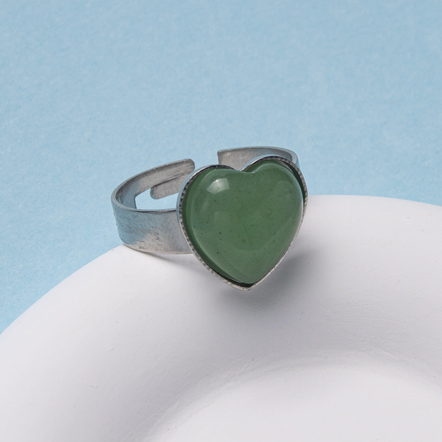 Anel de aço inoxidável ajustável de pedra natural em forma de coração