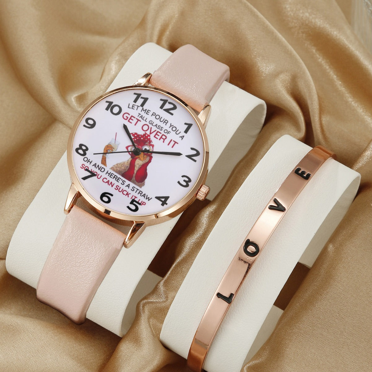 Round digital watch rose bracelet set