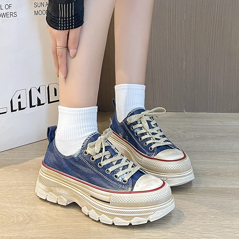 Zapatos de lona desgastados retro zapatos de suela gruesa para mujer