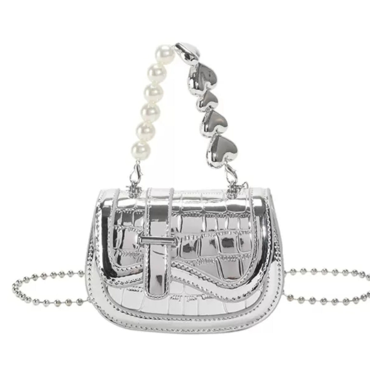 Pearl chain mini silver crossbody bag