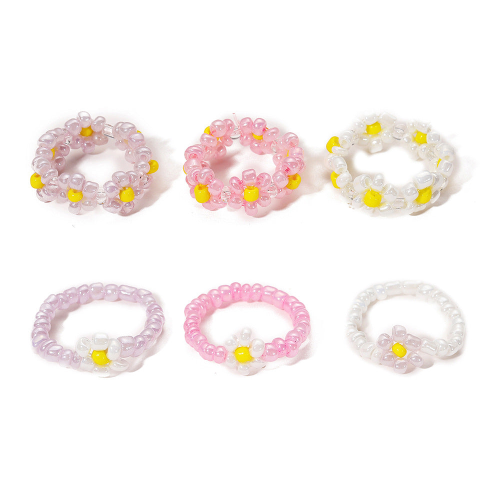 Rice Bead Flower Ring Set 6-Piece Set