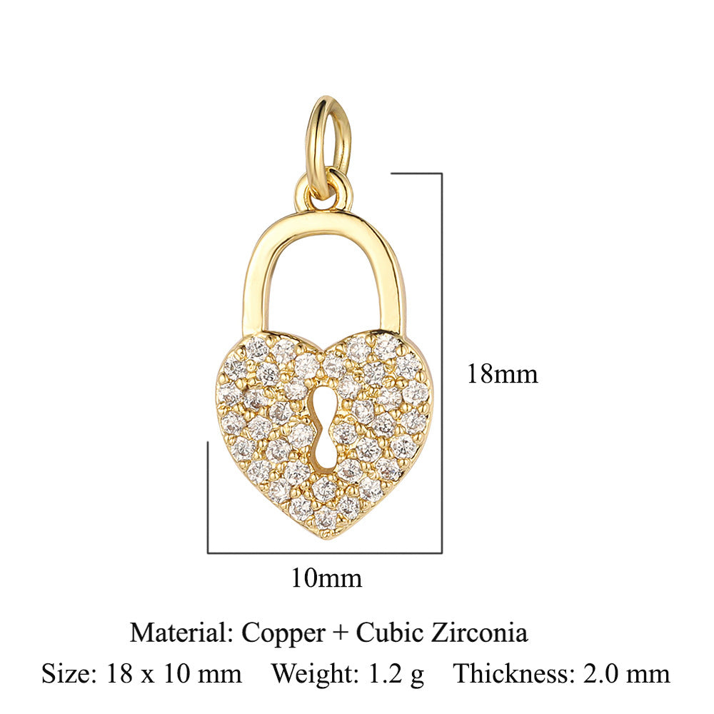 Colgante de cobre y circonita con forma de llave y candado en forma de corazón de melocotón