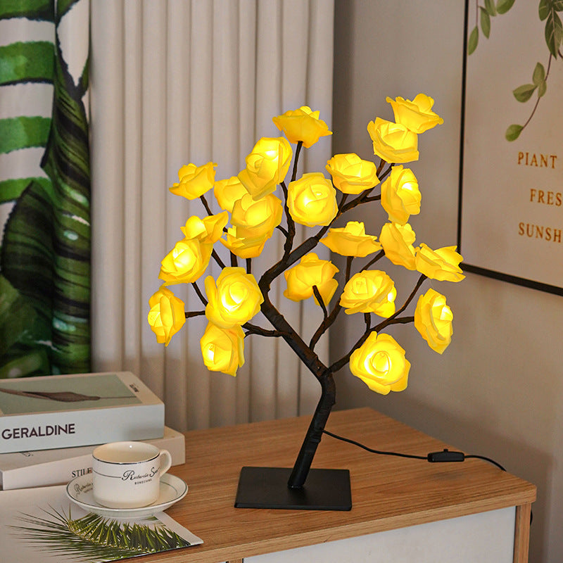 Luz nocturna de decoración de lámpara de árbol de rosas de simulación LED con interruptor USB