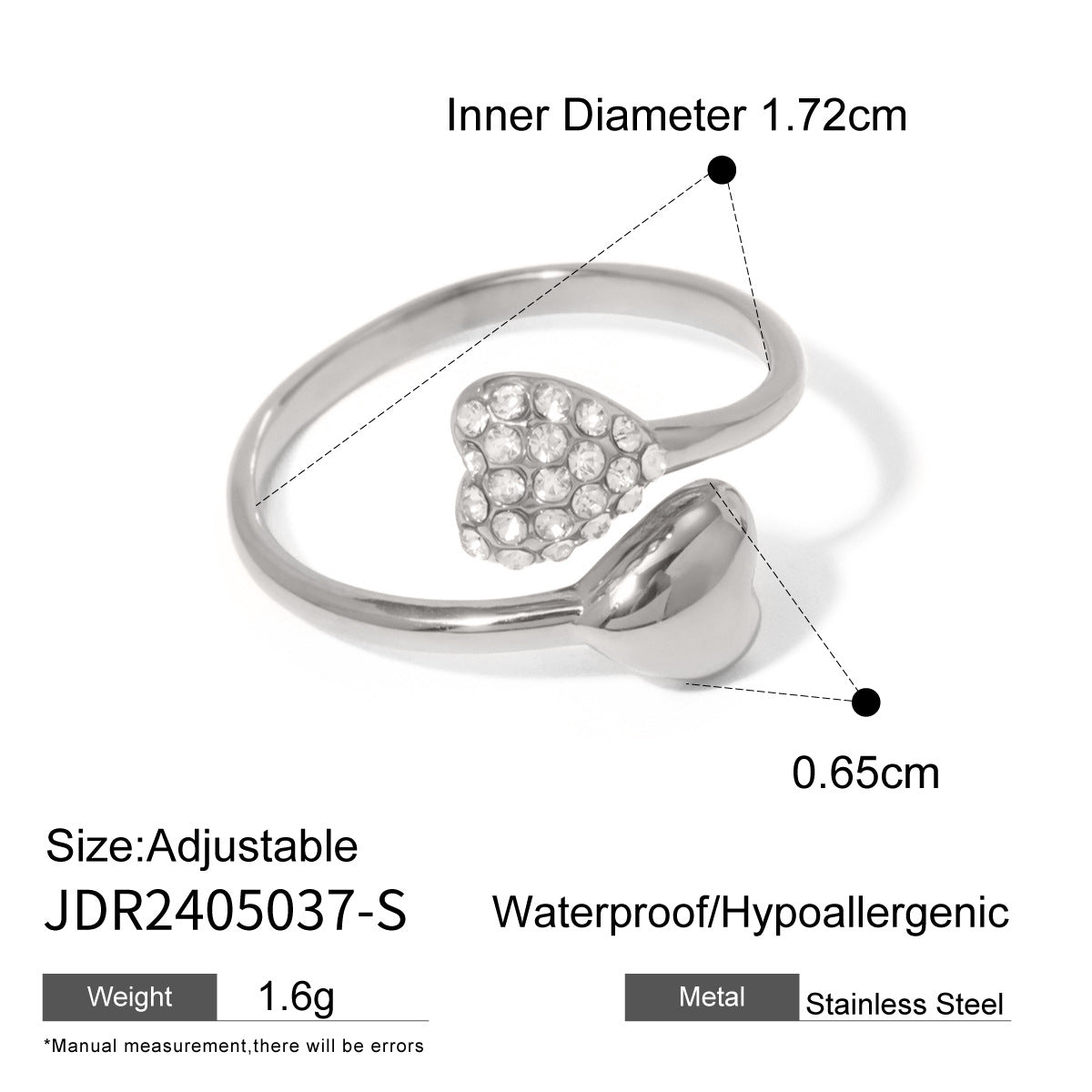 Heart-shaped rhinestone open titanium steel ring