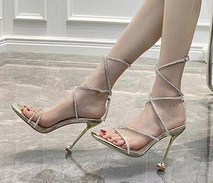 Rhinestone sandals stiletto open-toed high heels