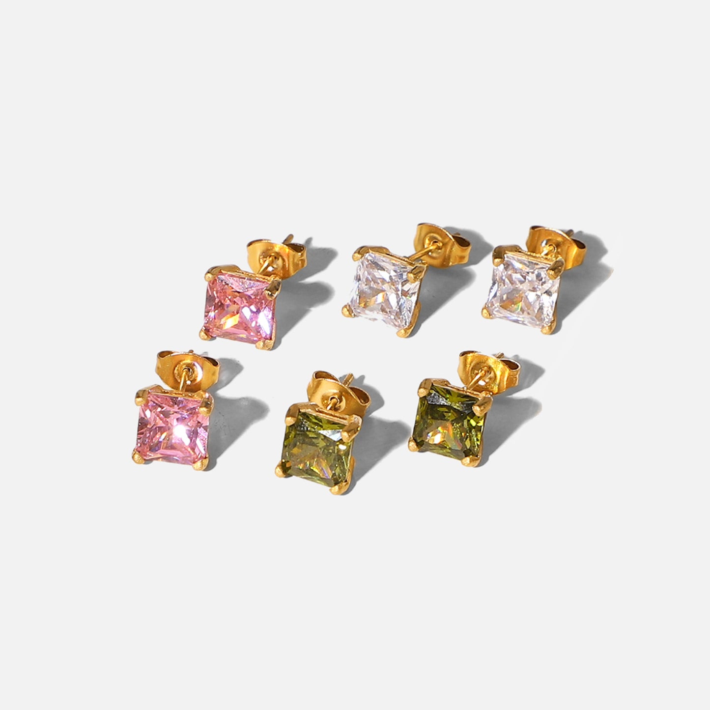 Pendientes cuadrados de circonitas blanco/rosa/verde té