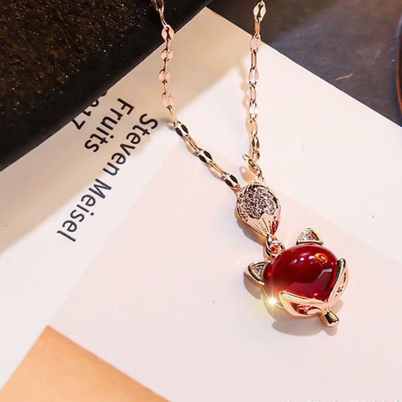 Women's Titanium Steel Collarbone Necklace — Retro Red Fox & Pixiu Pendant (18K Accents)