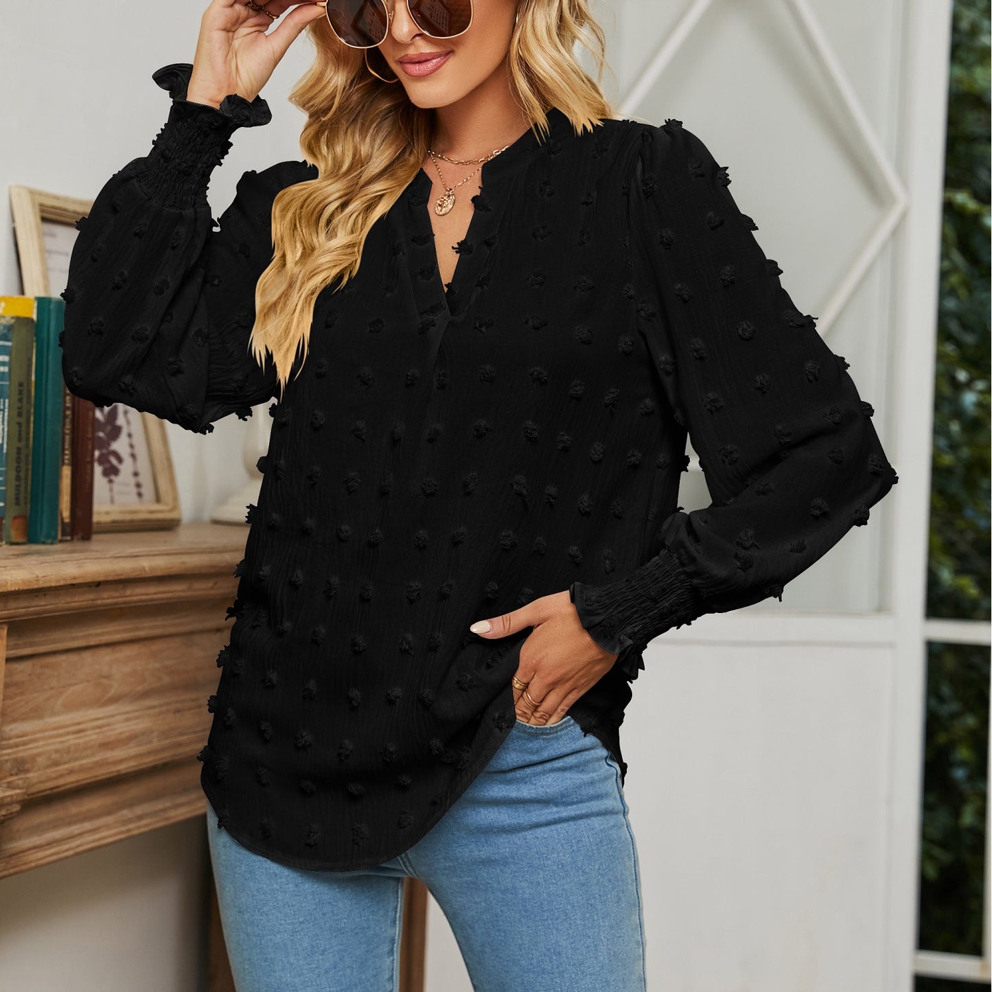 Polka Dot Long Sleeve Bubble Sleeve V-Neck Shirt