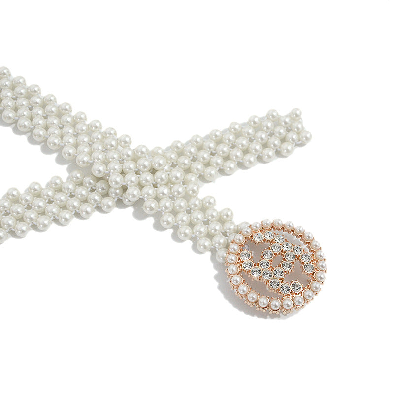 Slim Fit Rhinestone Pearl Wide Waist Chain