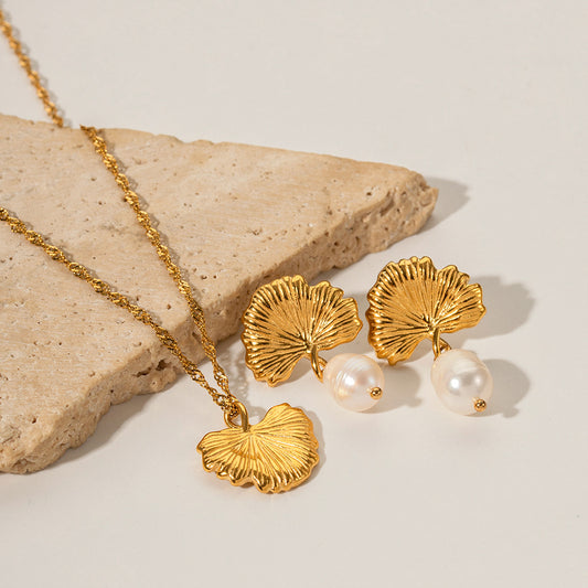Water Pearl Ginkgo Necklace Earrings