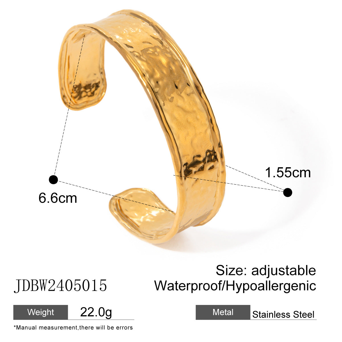 18k gold stainless steel wide hammered bracelet