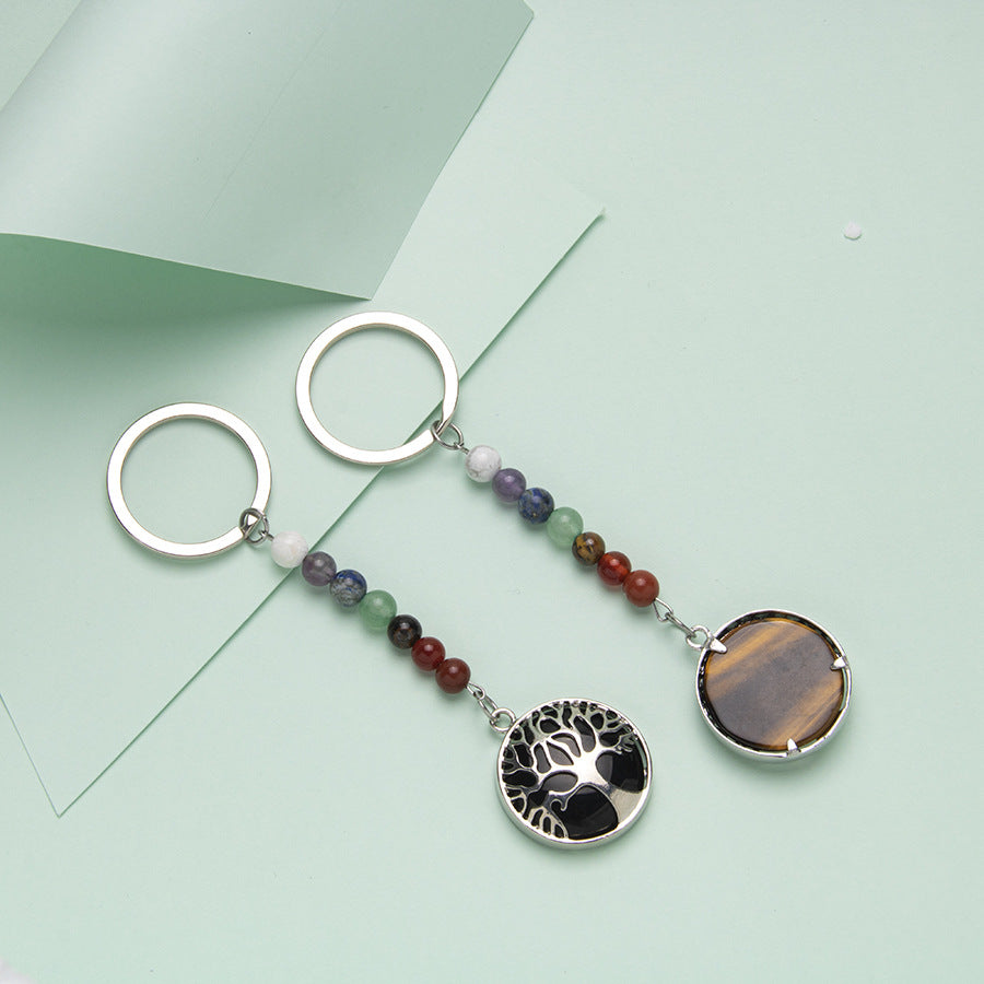 Llavero de acero inoxidable con colgante de árbol de la vida con piedra de color de 7 venas