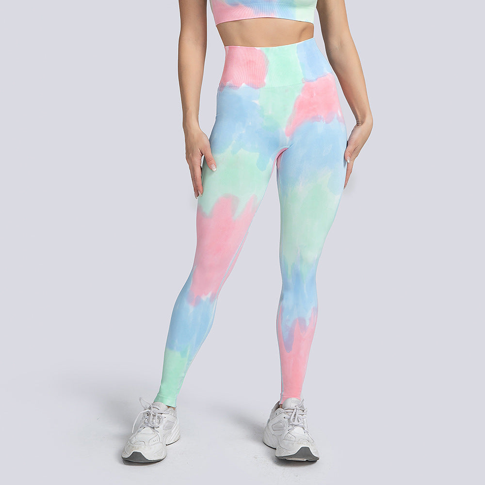 Conjunto de yoga de cintura alta con efecto tie-dye sin costuras