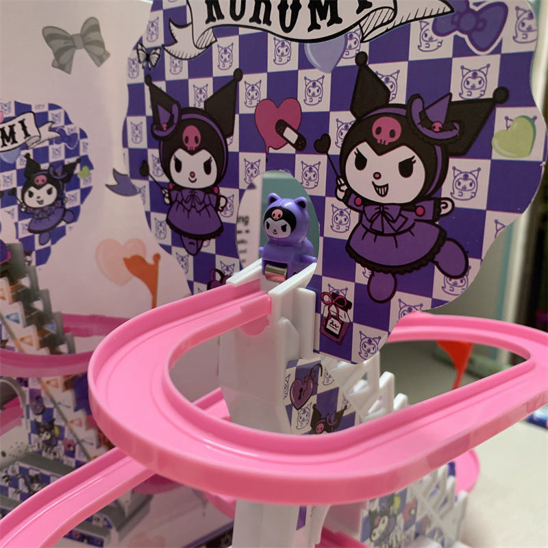 Sanrio-pista deslizante eléctrica para subir escaleras, juguete con sonido y luz, coche de pista eléctrico educativo Kuromi para niños