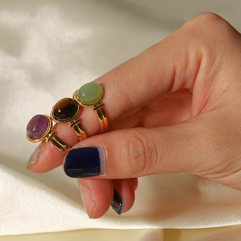 Anillo abierto con piedra semipreciosa ovalada de ojo de tigre/verde/morada