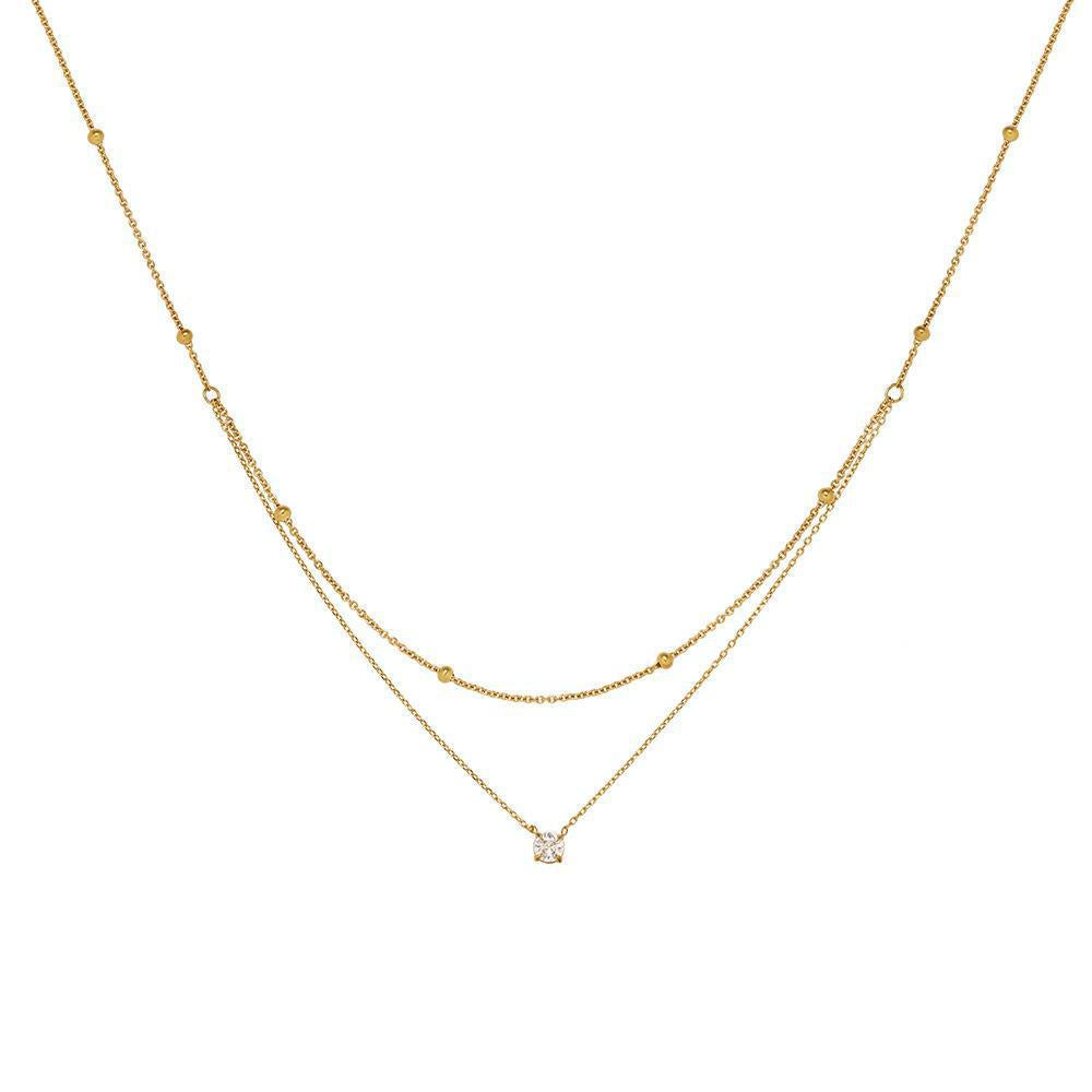 Double-Layer Collarbone Necklace with Single CZ and Gold Beads — Titanium Steel