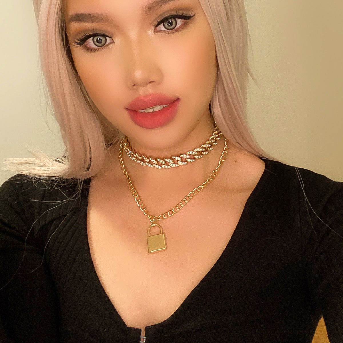 Collar de cadena cubana con diamantes de moda