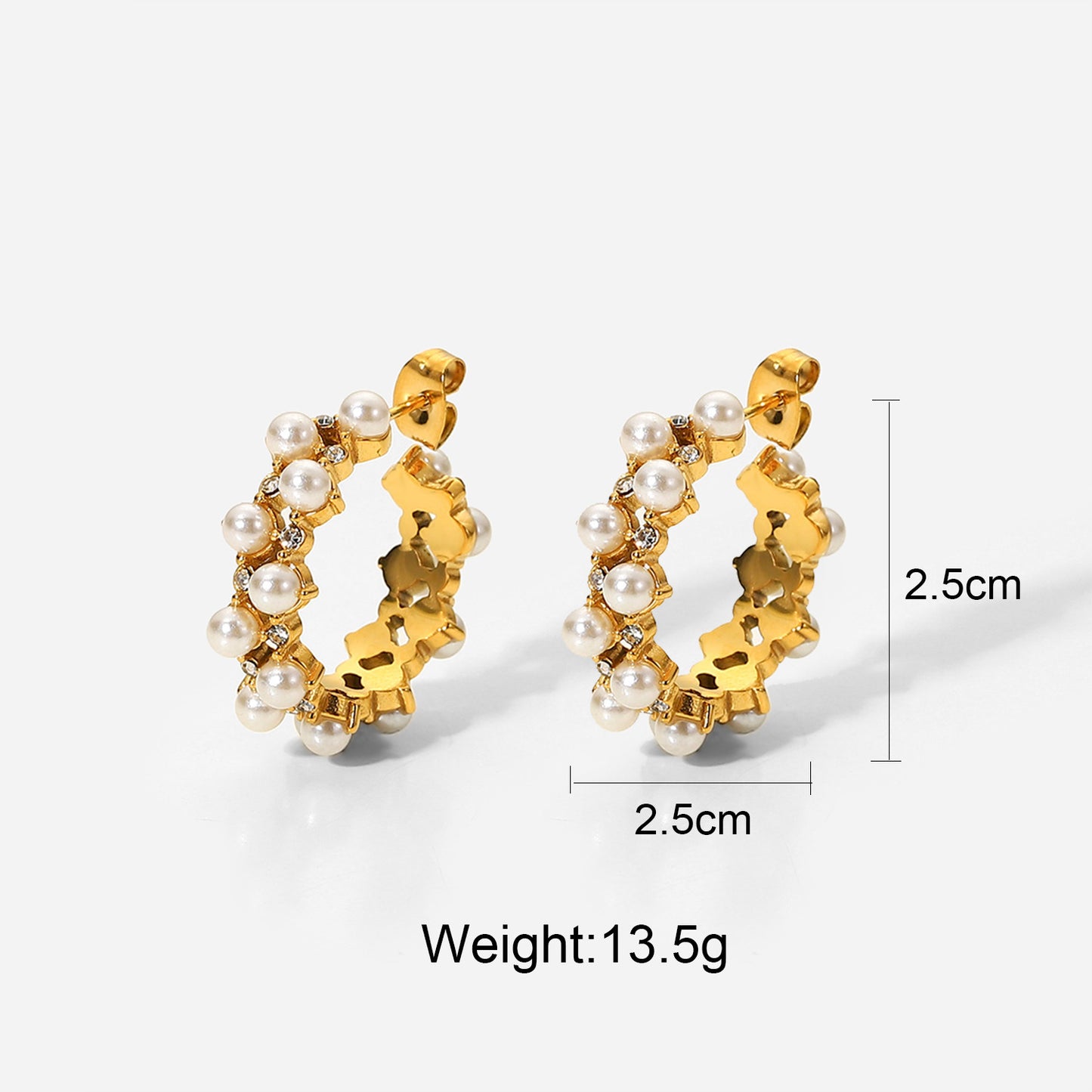 Double-layer pearl and zircon C-shaped earrings