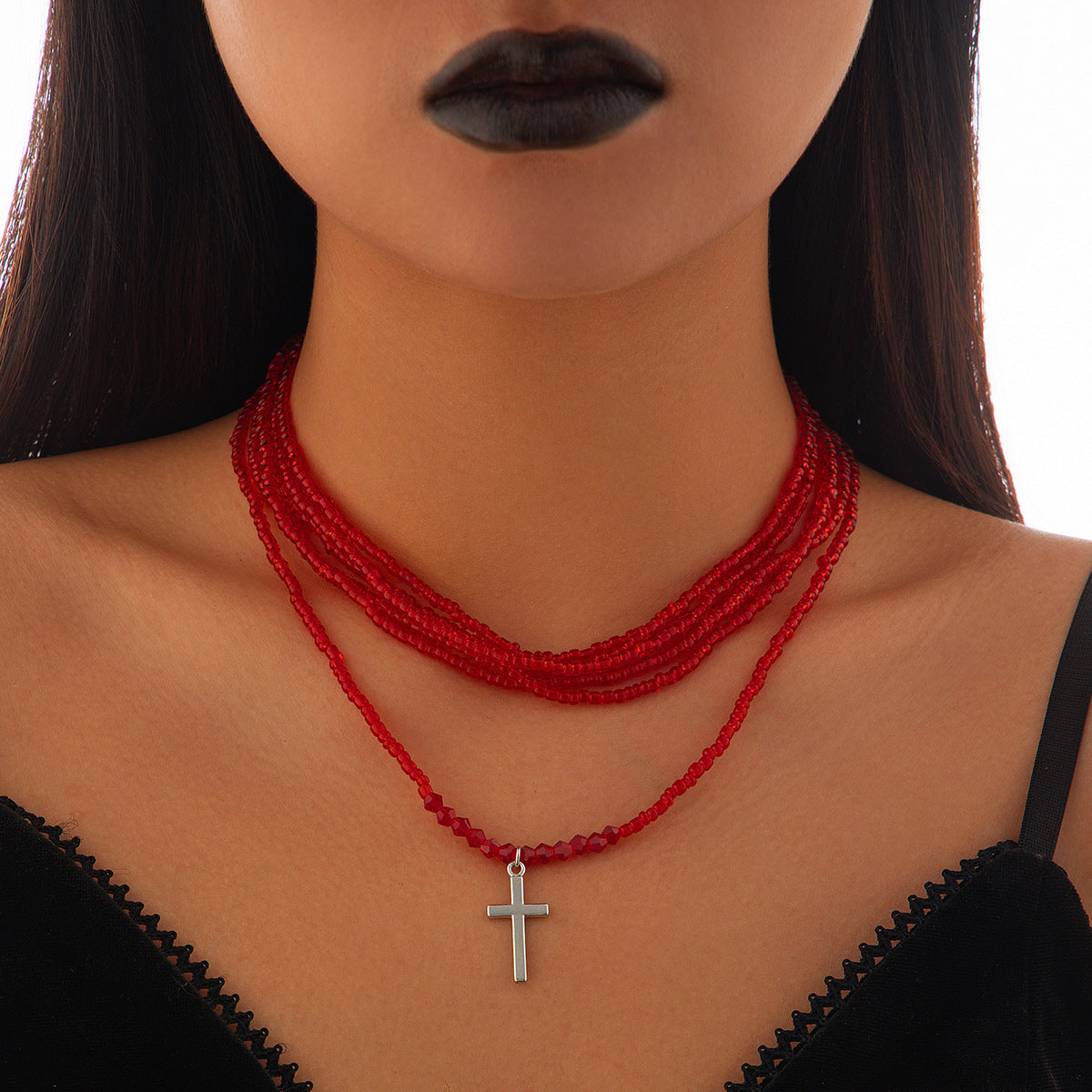 2-piece set of red multi-layer integrated necklace for women