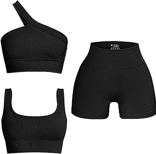 Conjunto de tres piezas de traje de yoga de color sólido con hilo sin costuras