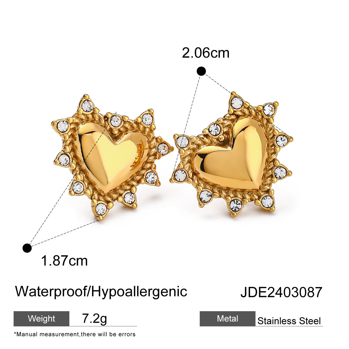 18k gold stainless steel heart rhinestone earrings