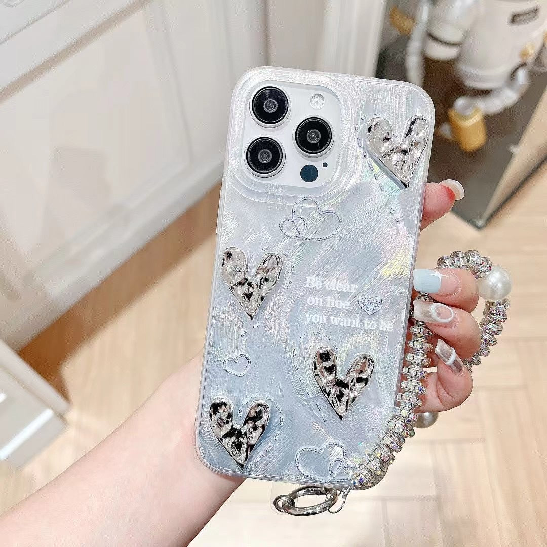 Funda rígida con cadena de corazón fruncida y plumas plateadas para iPhone 15 Pro Max XR 13