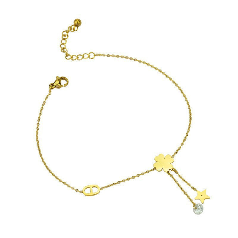 Women's 14K Gold Four-Leaf Clover & Star Anklet (Titanium Steel)