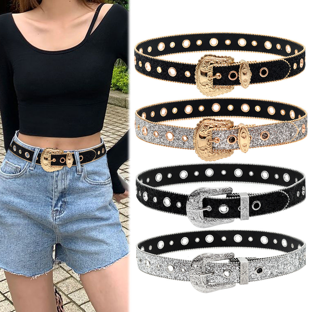 Rhinestone belt female ins wind thin belt
