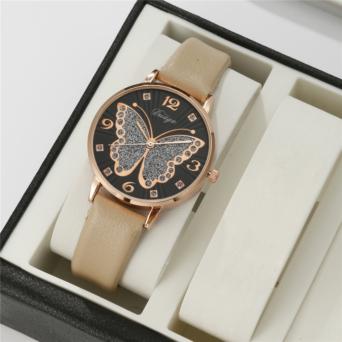 Rose Gold Diamond Butterfly Watch Pearl Jewelry Set