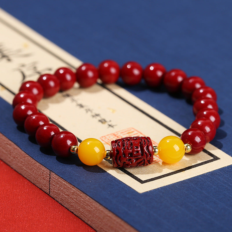 Pulsera de cinabrio con arena de oro morado y mineral en bruto