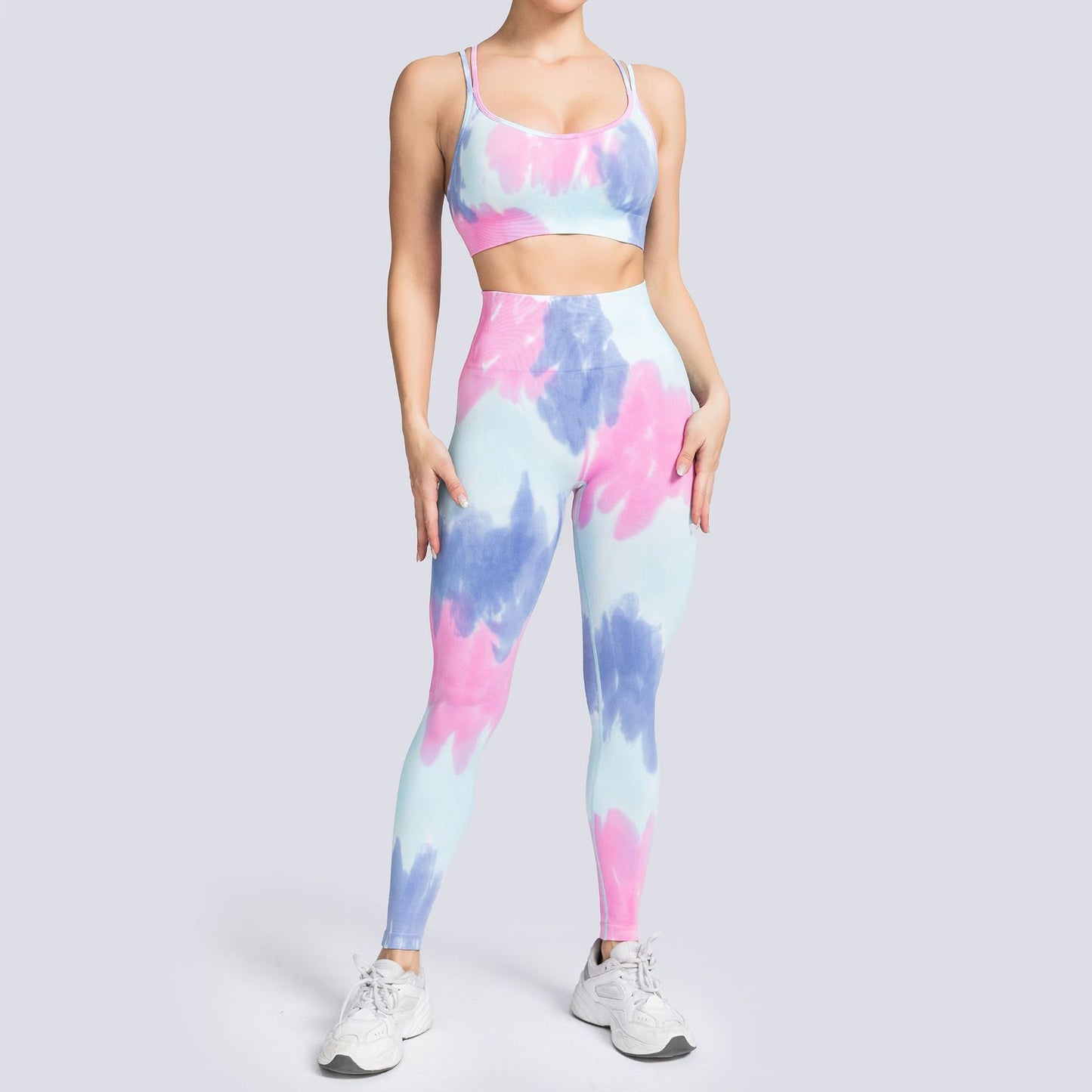 Conjunto de yoga de cintura alta con efecto tie-dye sin costuras