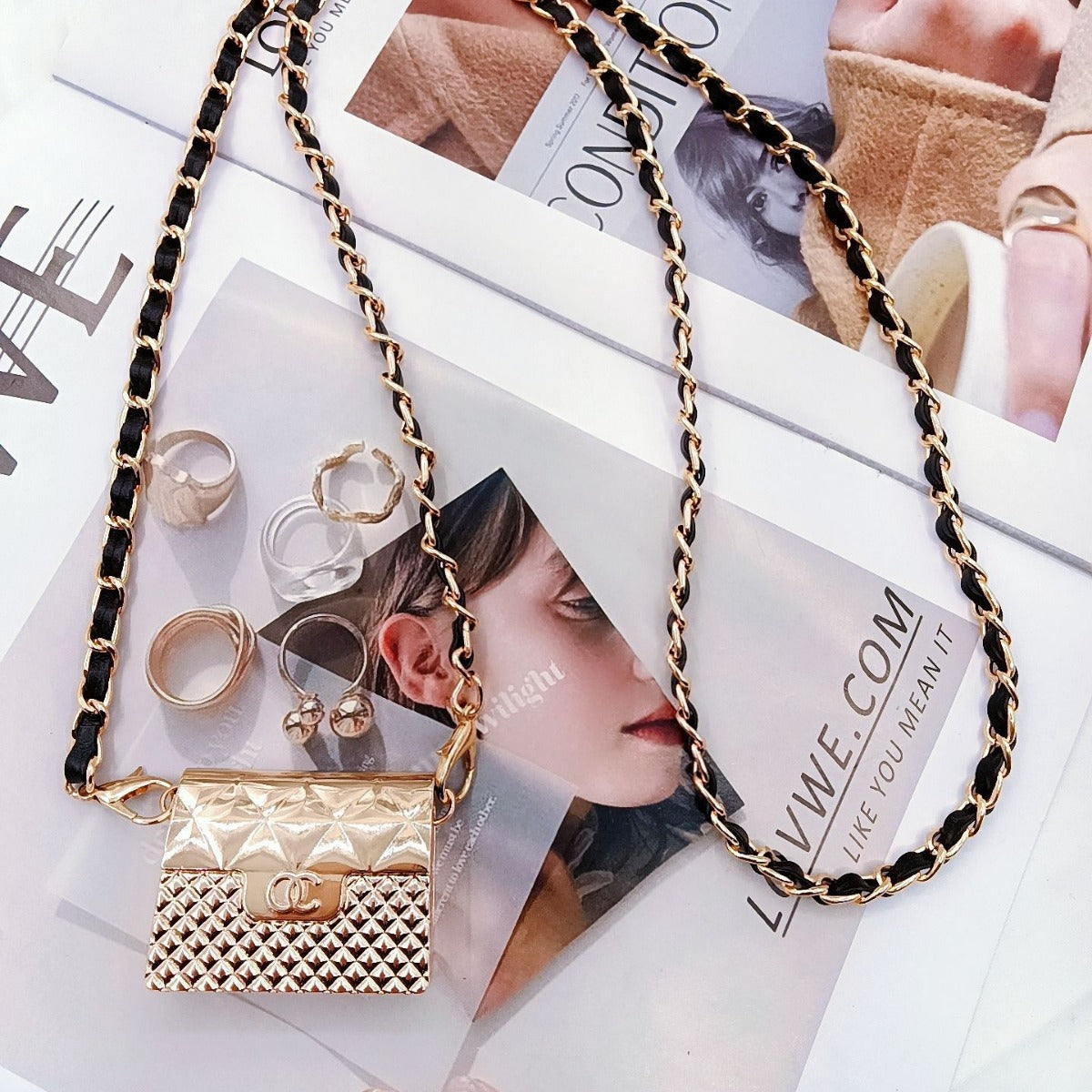 Pearl chain metal box bag women's summer