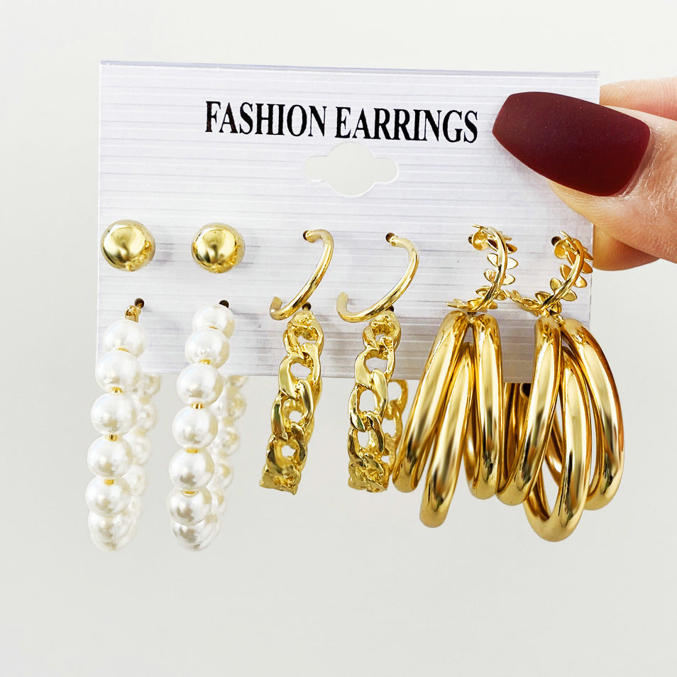 Pearl & Gold Stud Earring Set (6-Piece)