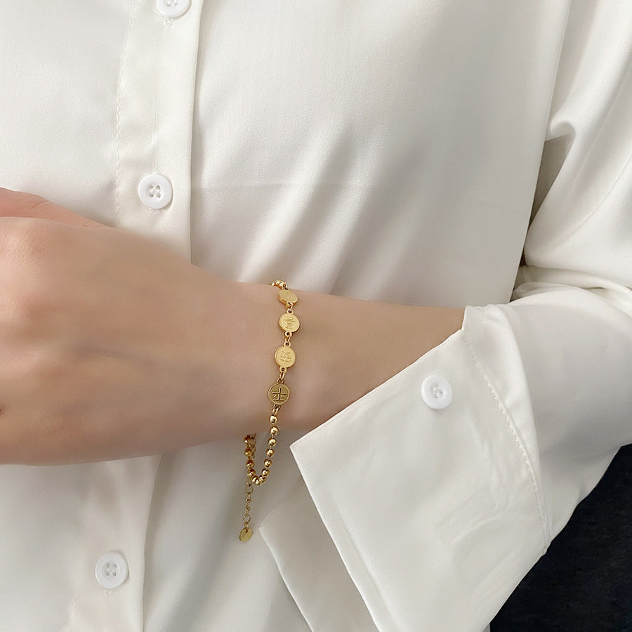 Pulseira feminina de aço titânio, sem desbotamento, paz e alegria, design pequeno e luxuoso, elegante e simples.